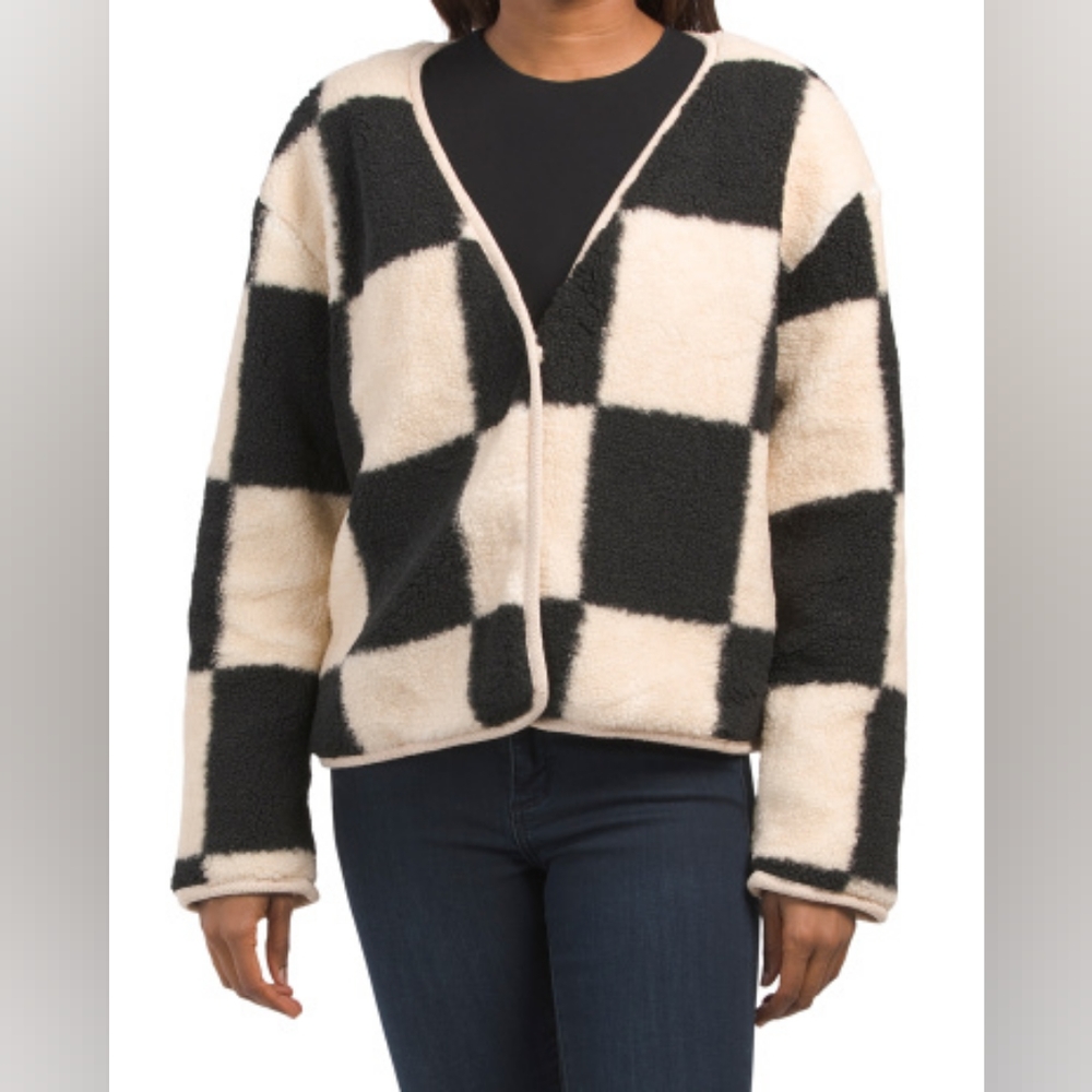 Moon River Black and Cream Checkered Teddy Jacket